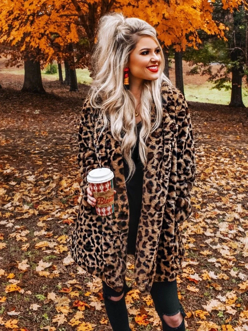 animal cheetah Leopard Print Faux Fur Women's Coat - Brown